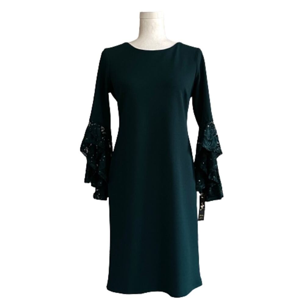 Shelby Nites Dress Green Sequin Lace Bell Sleeve Dressy Dress Size 8 Petite NEW